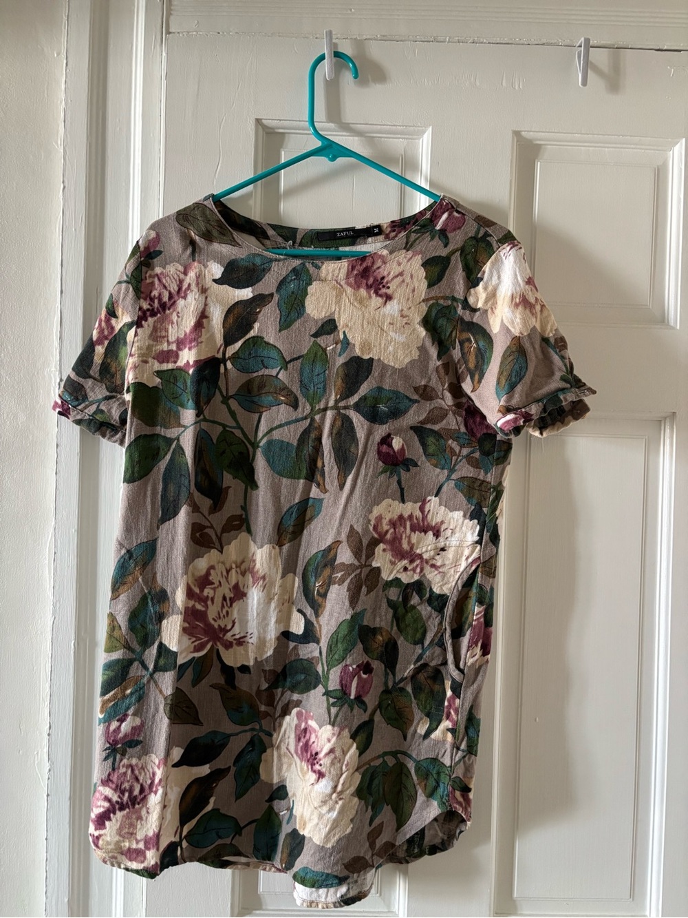 Floral Short Sleeve Mini Dress in Taupe and Cream